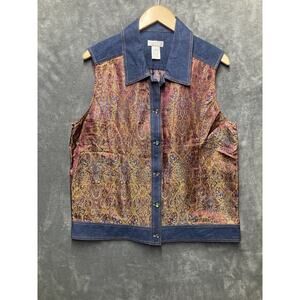 Vintage Graff Wear Vest Womens M Denim Tapestry Floral Shiny Multicolor Button
